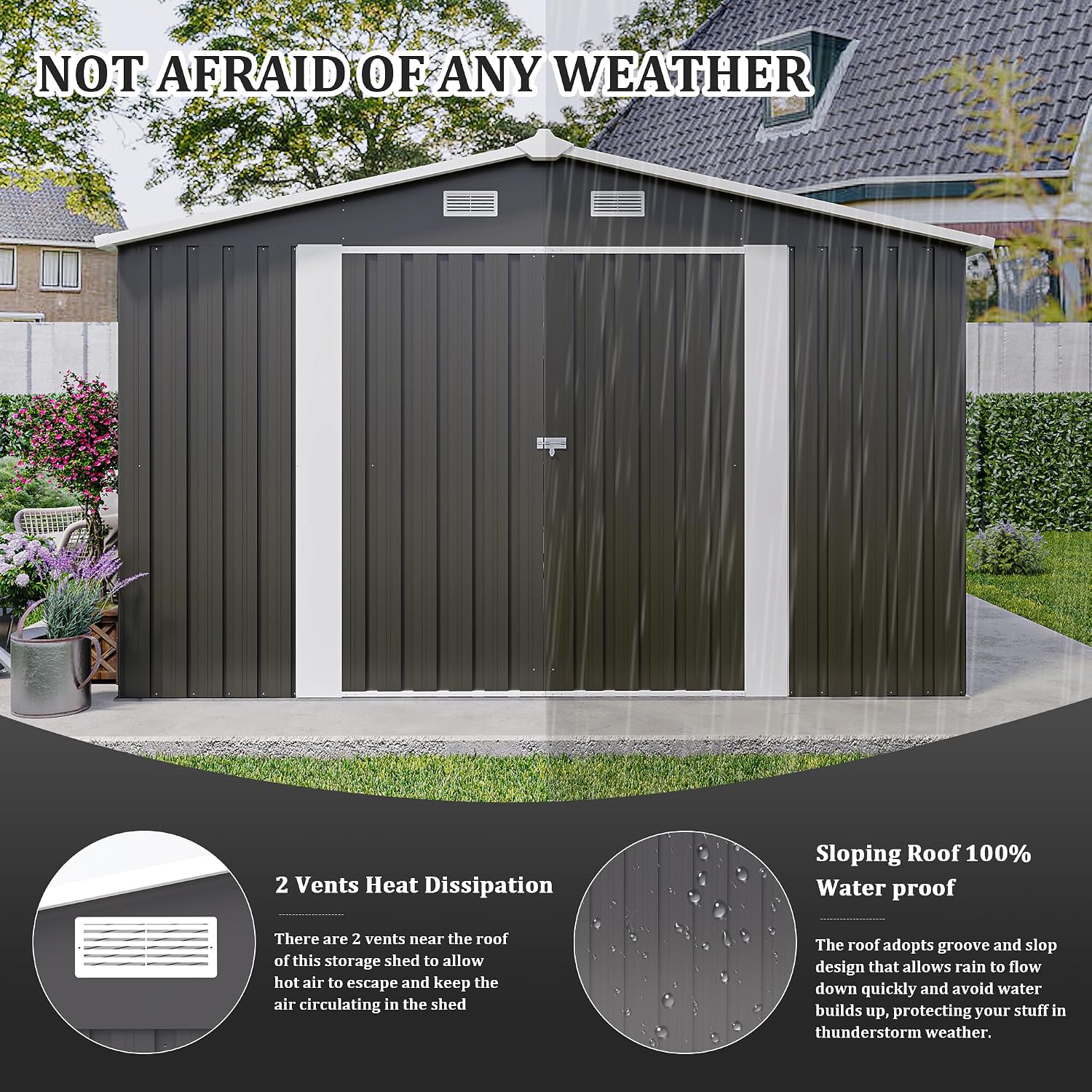 10 x14 FT Outdoor Storage Shed, Extra Large Metal Garden Shed with Waterproof Roof and 3 Lockable Doors, All-Weather Utility Tool Shed Storage House for Backyard, Patio, Lawn (Dark Gray)