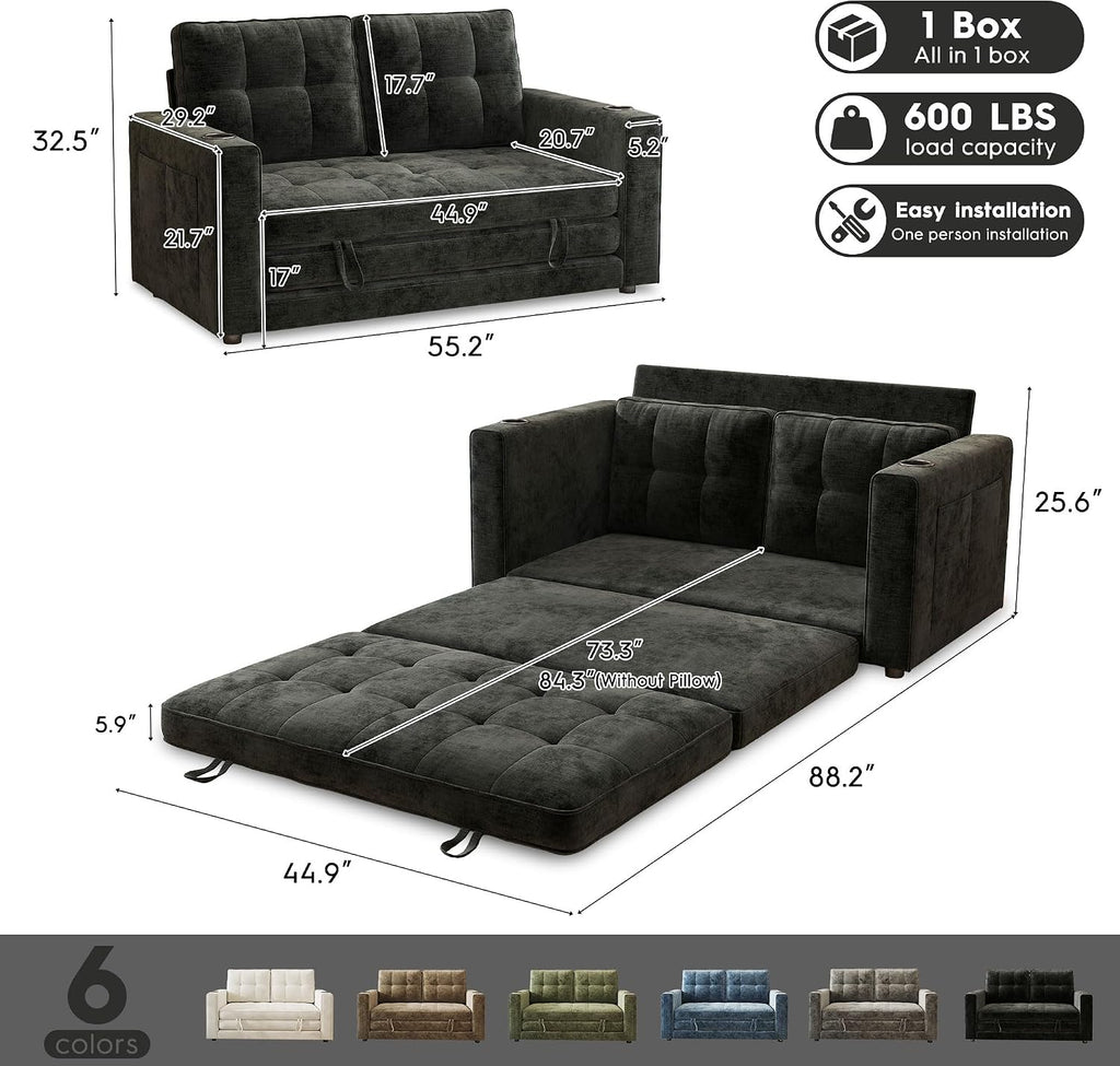 55' Convertible Folding Sofa Bed, Pull Out Couch Love Seat Sleeper Bed, Small Fold Out Loveseat Sleeper with Cup Holder and Pillow for Small Space, Bedroom Lounge, Dorm, Living Room(Black Chenille)
