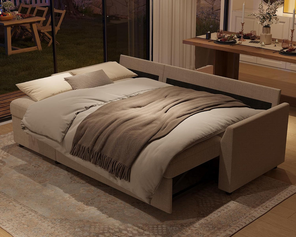 PaPaJet Sofa Bed, Sleeper Sofa with Storage Chaise, L Shaped Sofa with Pull Out Bed, Oversized Sofas for Living Room, Beige
