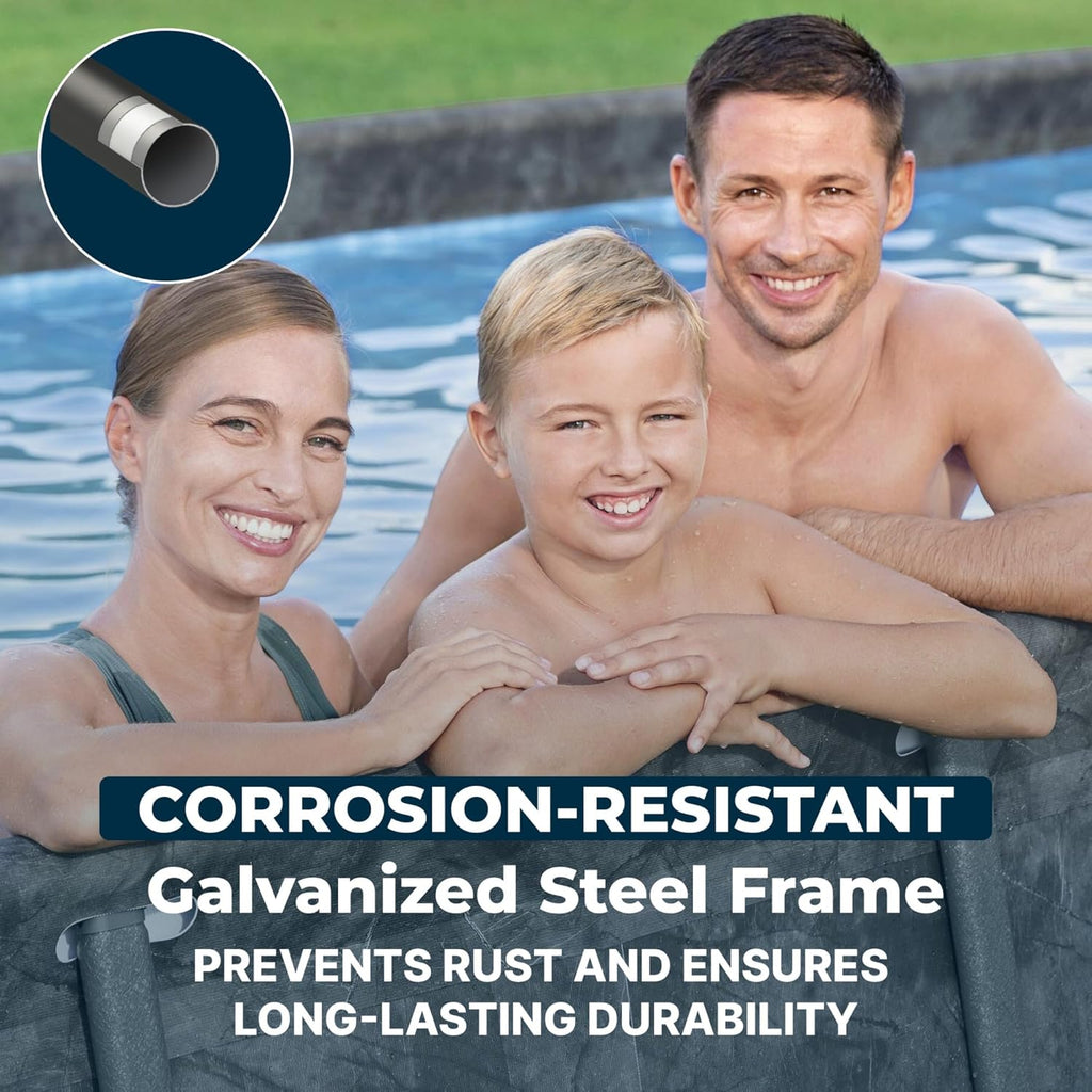 Bestway APX 365 18' x 9' x 52' Above Ground Pool, Rectangular Metal Frame Outdoor Swimming Pool Set with Sand Filter Pump, Ladder, and Cover, Dark Marble