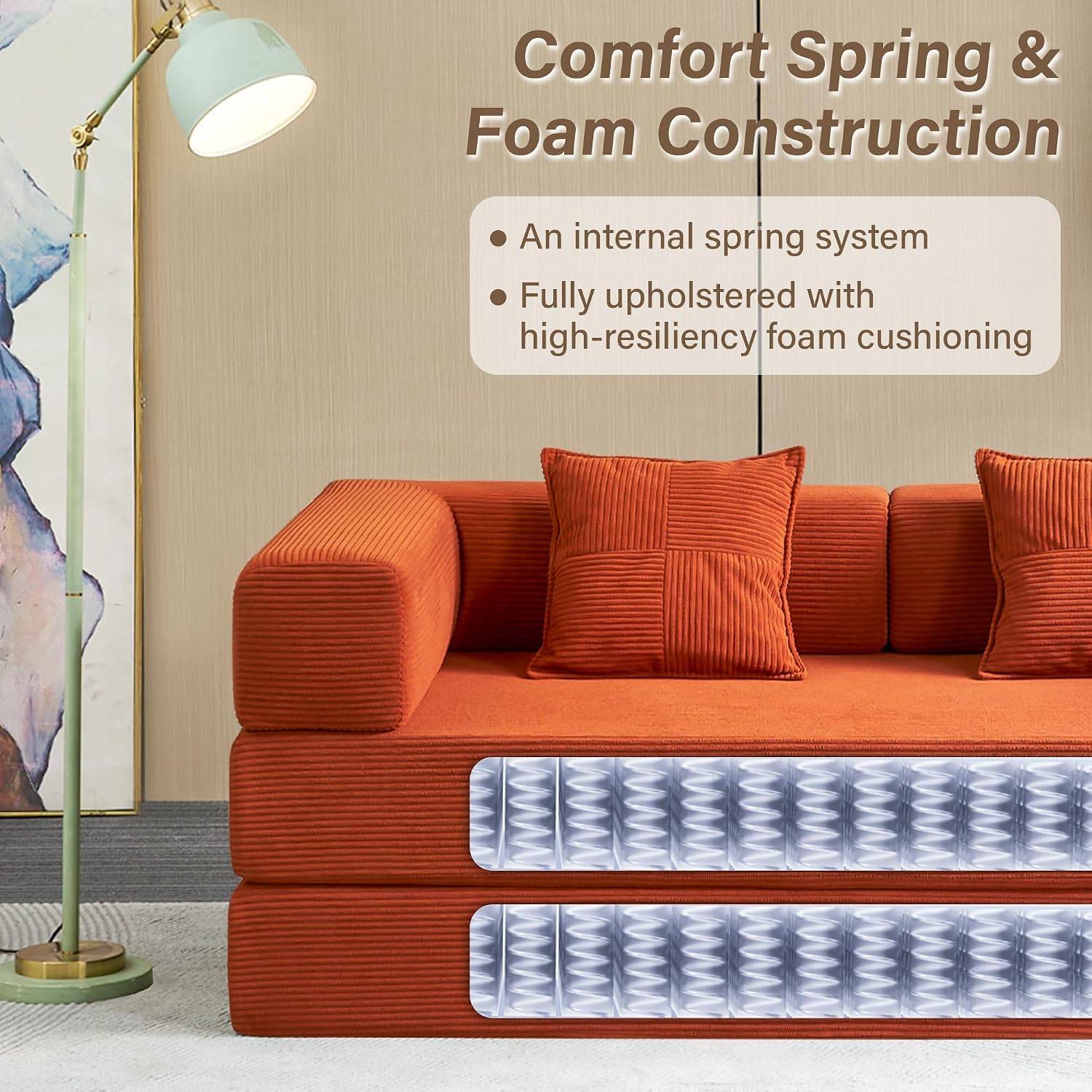 Compression Sofa - 78''Convertible Floor Sofa Bed - with Pillow Back Support Armrest - Comfy Foldable Sofa Bed Compressed Sofa in Box - Corduroy Fabric - for Living Room Bedroom(Orange)
