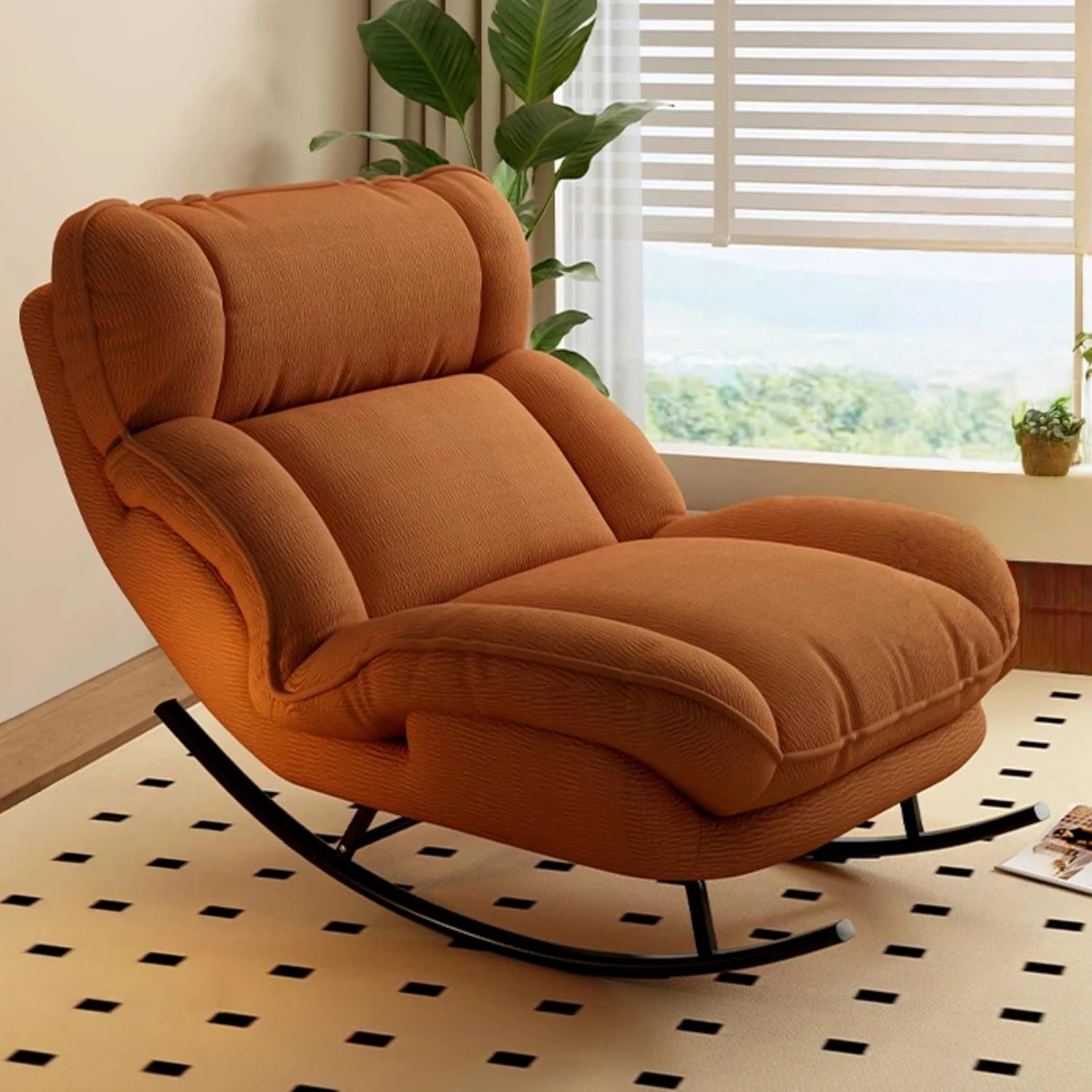 Sofa Rocking Chair Metal Frame with Adjustable Backrest Comfortable Decorative Chair Modern Ergonomic Sofa for Living Room Bedroom (Orange)