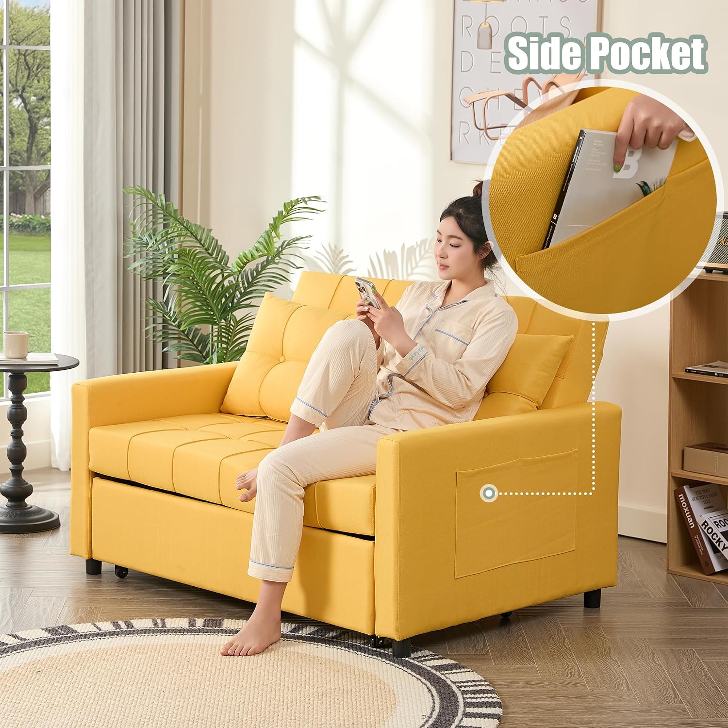 GOSUHI 52' Sleeper Sofa with Pull-Out Bed, 3-in-1 Convertible Sofa Bed, Set of Loveseat with Stepless Adjustable Backrest and Side Pocket, for Living Room Dorm Apartment, Linen, Yellow