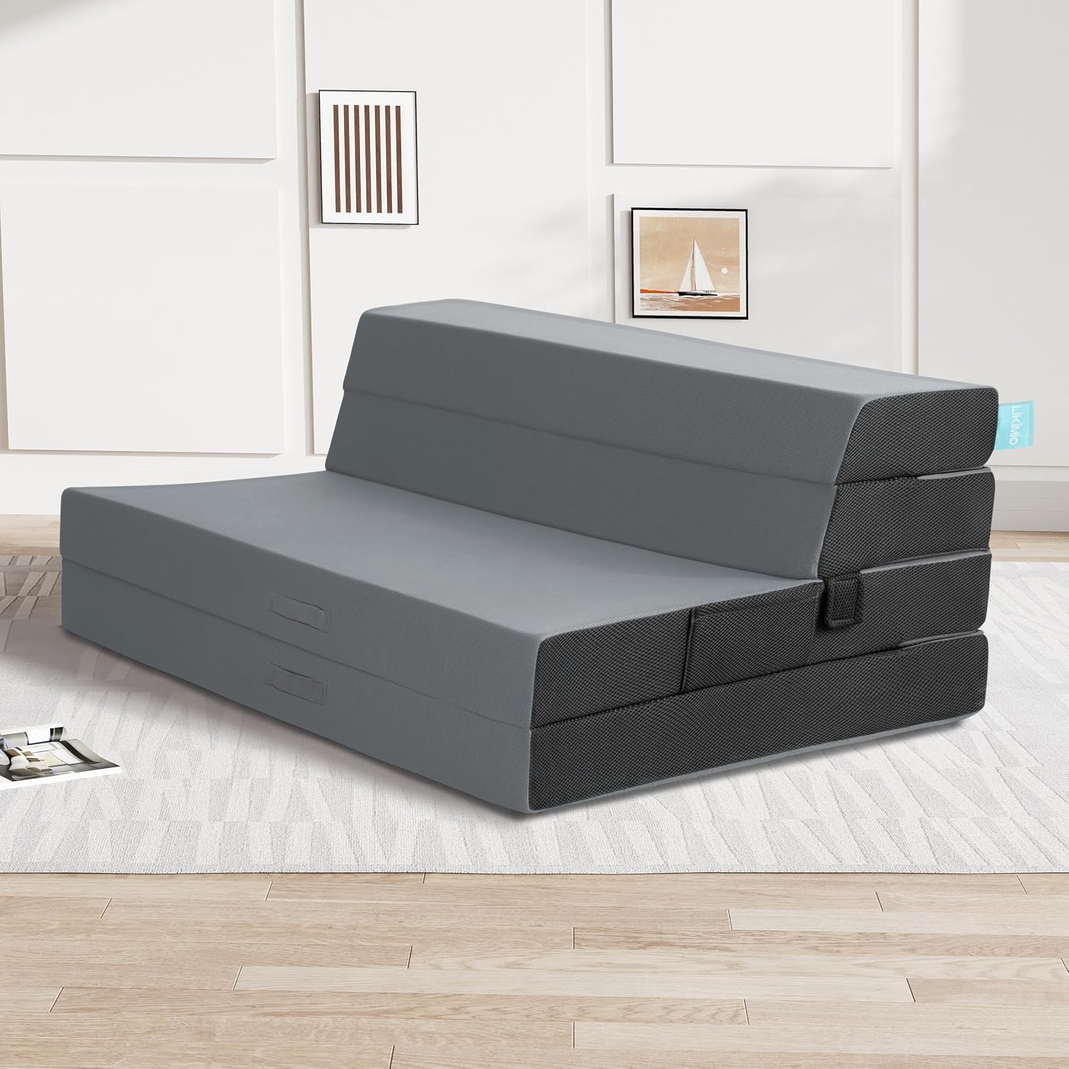 LIKIMIO Folding Mattress Full, High Density Foam Mattress with Breathable and Washable Cover & Storage Bag, 4 Inch Foldable Mat Topper for Camping, RV and Yoga, Handle Design, Gray