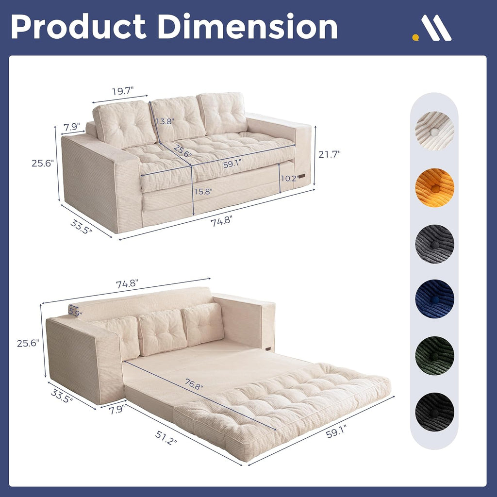 MAXYOYO Convertible Sofa Bed, Pull Out Oversized Loveseat Sleeper Sofa, 2 in 1 Folding Couch Bed, Fold Out Floor Couch with Pillows for Living Room Bedroom Lounge, Beige