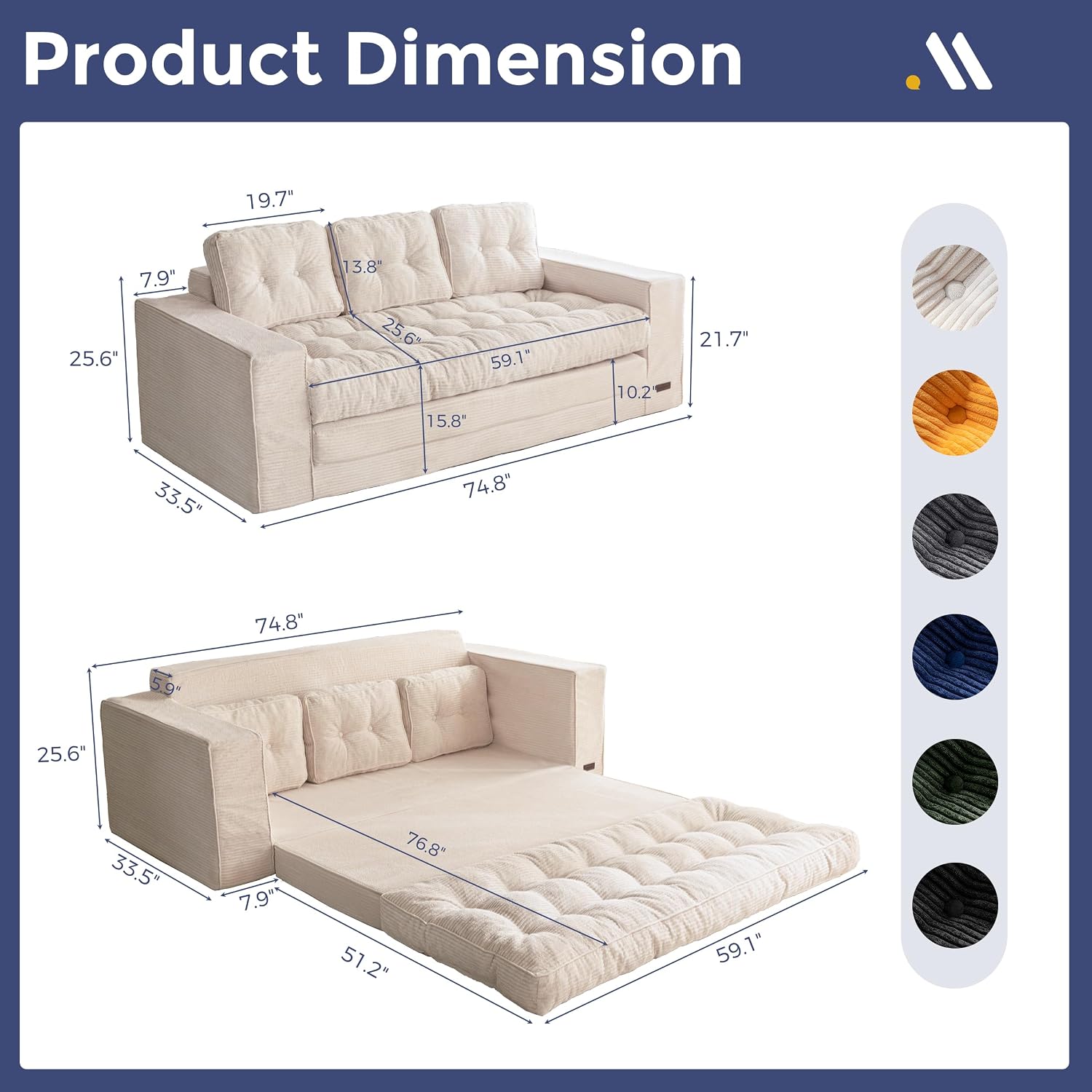 MAXYOYO Convertible Sofa Bed, Pull Out Oversized Loveseat Sleeper Sofa, 2 in 1 Folding Couch Bed, Fold Out Floor Couch with Pillows for Living Room Bedroom Lounge, Beige