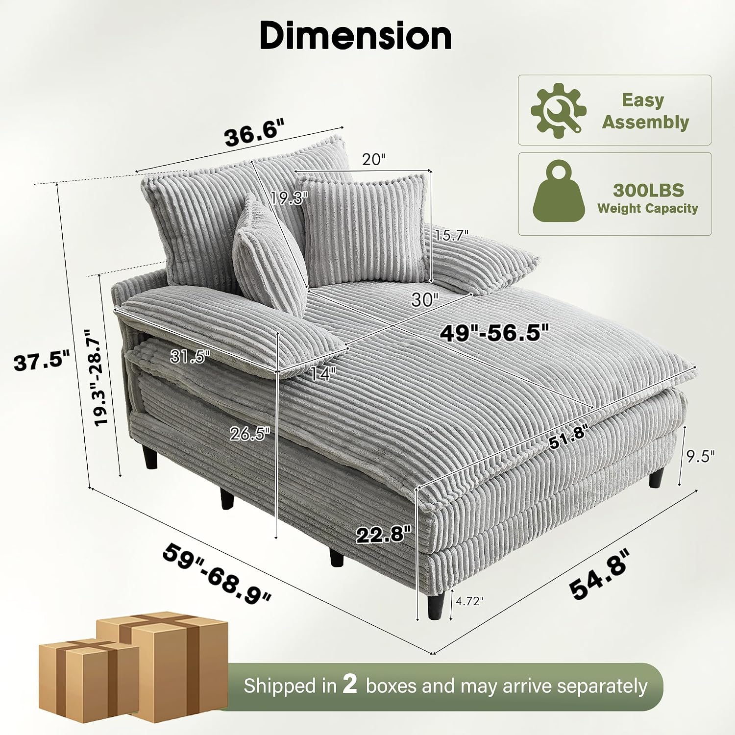 WESTSETLUX 54.8' W Oversized Chaise Lounge Chair Indoor with 5-Position Adjustable Backrest, Corduroy Sleeper Sofa Bed with 3 Pillows, Modern Cloud Couch Chair for Living Room, Bedroom, Grey