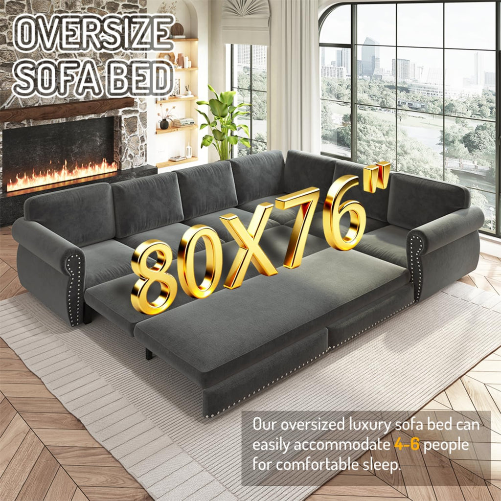 88.2' Sectional Sleeper Sofa with Pull Out Bed - Oversize L-Shaped Convertible Sleeper Couch Bed, Button Tufted Chesterfield Sofa, Chenille Vintage Couches for Living Room(4-Seater, Dark Grey)