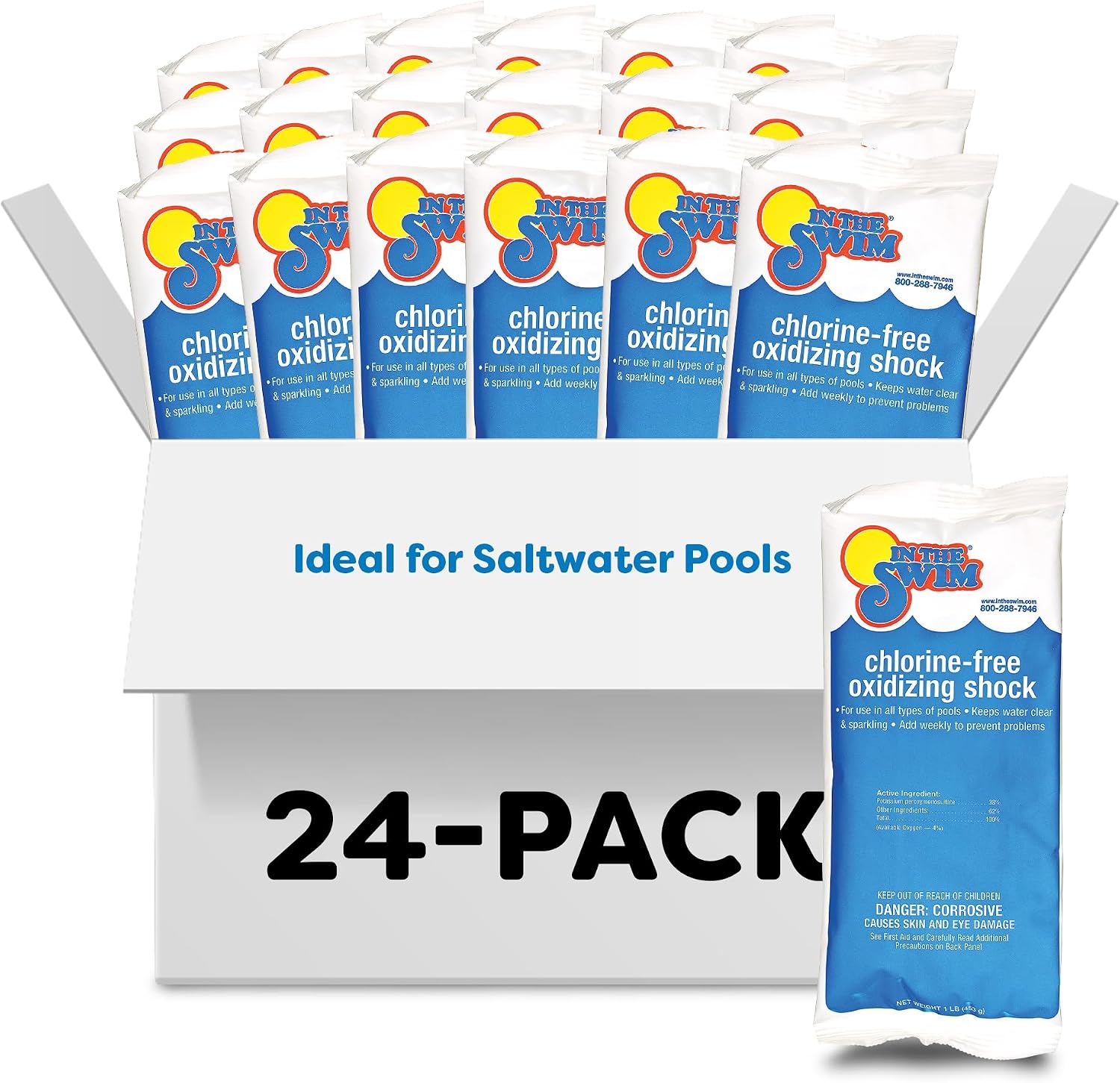 In The Swim Chlorine-Free Pool Shock - Quick Dissolving, Fast-Acting, Shock-Oxidizer for Swimming Pools, Spas, and Salt Chlorinated Pools Compatible - 24 x 1 Pound Bags