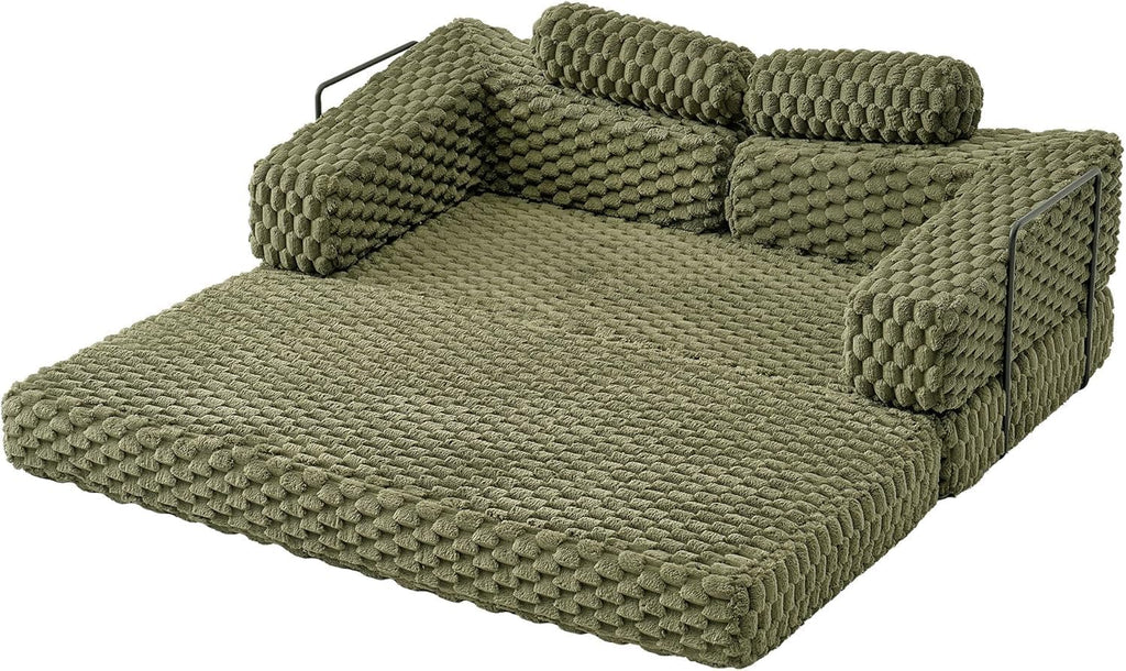 VanAcc Futon Sofa Bed, Convertible Futon Couch with Plush Faux Fur, No Assembly Mattress Futon Sofa for Living Room, Apartment, Bedroom, Green