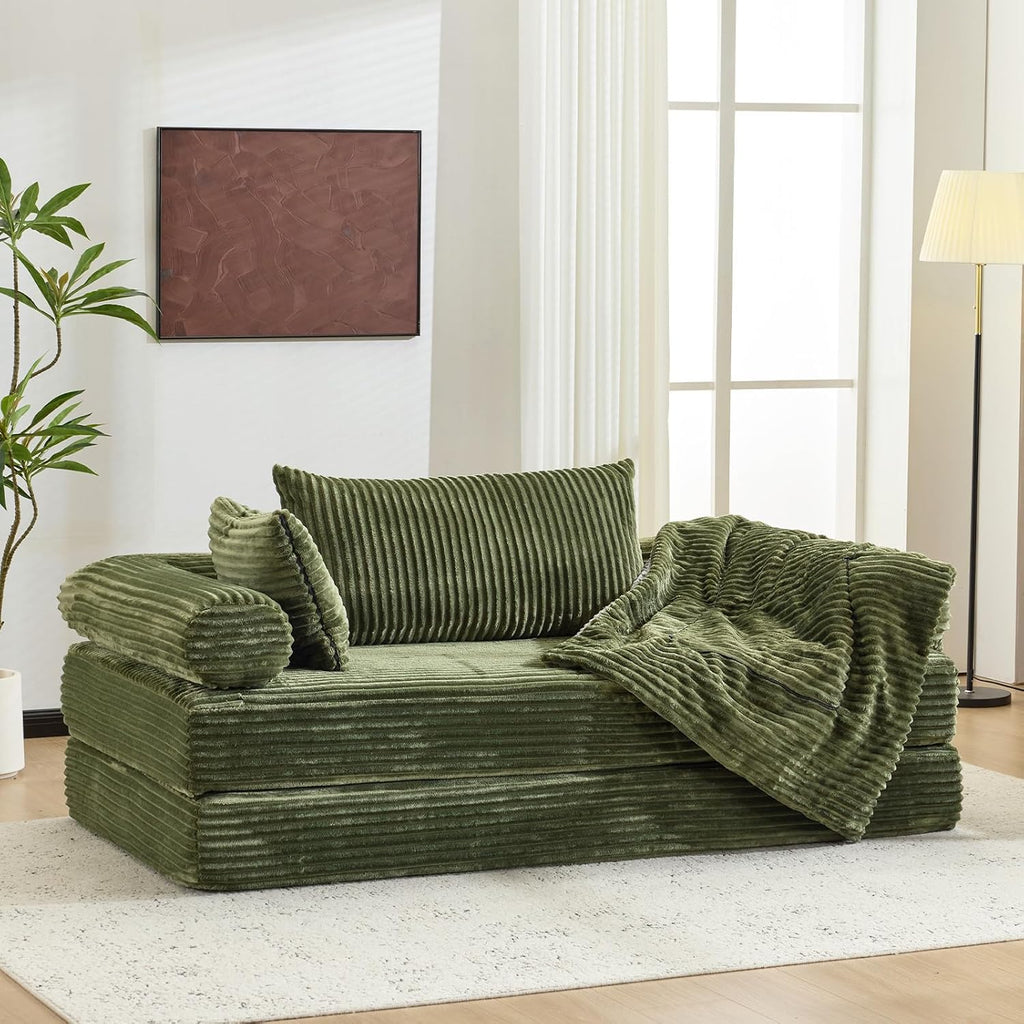 VINGLI Convertible Futon Sofa Bed, Upholstered Corduroy Boneless Couch King Size Floor Loveseat Sleeper Sofa with 2-in-1 Throw Pillow & Blanket Couches for Living Room, Bedroom, Lounge, Green
