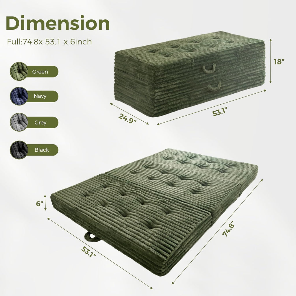 MAXYOYO Floor Sofa Couch, 6 Inch Tri-Fold Floor Sofa Bed, Folding Mattress with Handles, Soft Faux Fur Folding Bed with Supportive Foam Filling, Portable Couch for Living Room, Full, Dark Green