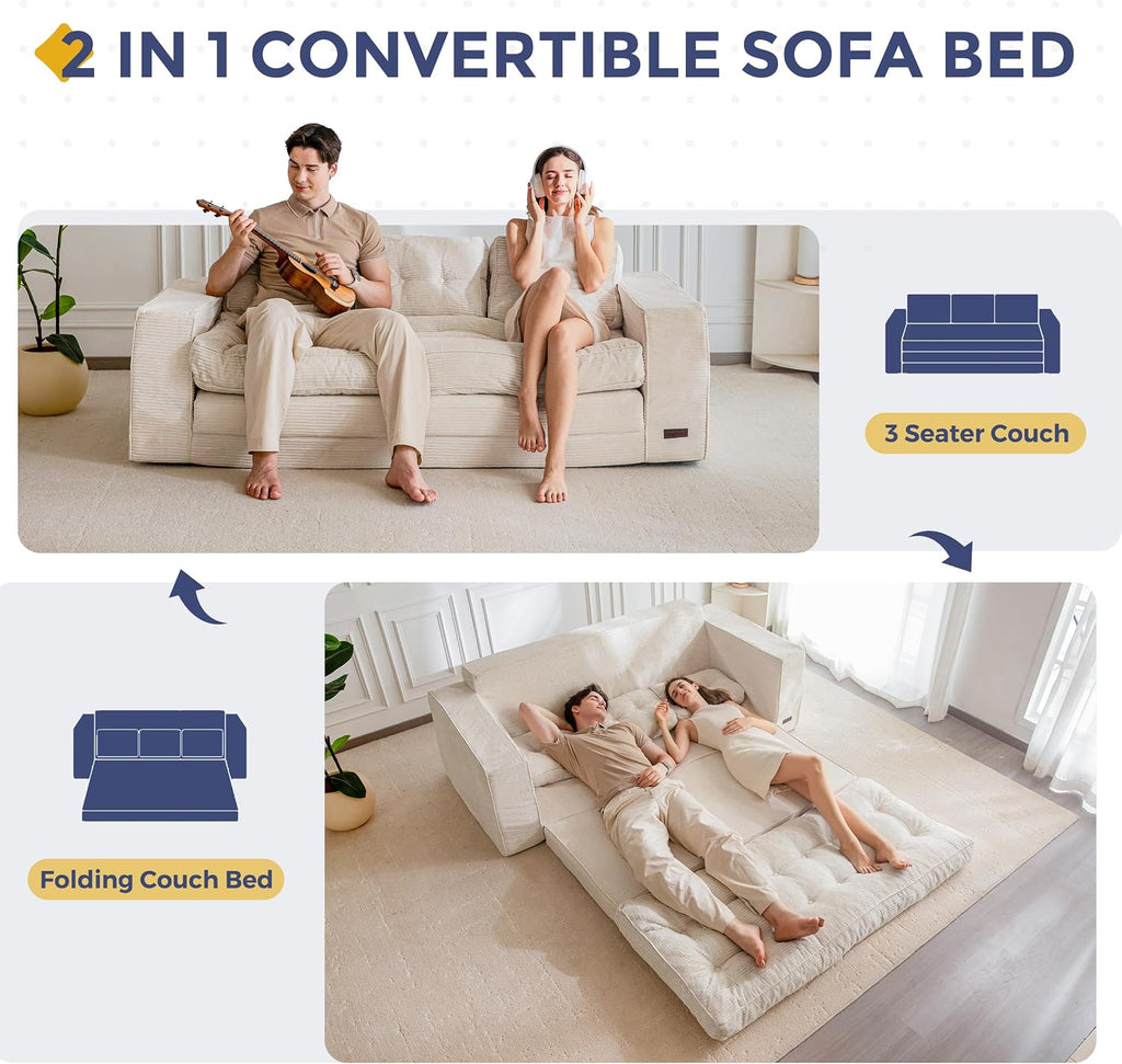 MAXYOYO Convertible Sofa Bed, Pull Out Oversized Loveseat Sleeper Sofa, 2 in 1 Folding Couch Bed, Fold Out Floor Couch with Pillows for Living Room Bedroom Lounge, Beige