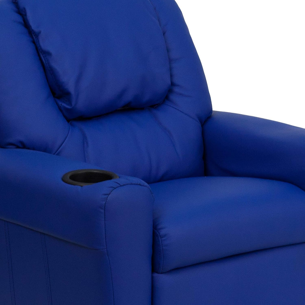 EMMA + OLIVER Blue Vinyl Kids Recliner with Cup Holder and Headrest