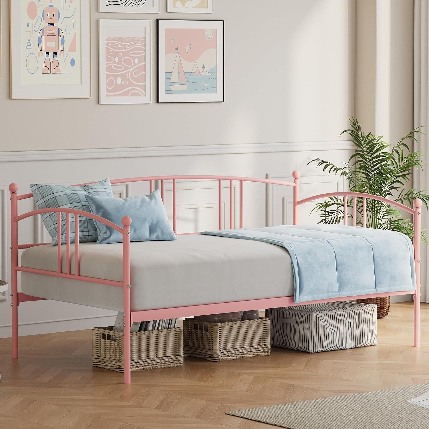 IDEALHOUSE Twin Daybed Without Trundle, Metal Twin Size Daybed, Steel Slat Support Sofa Bed for Living Room, Bedroom, Guest Room (Pink-Without Trundle)