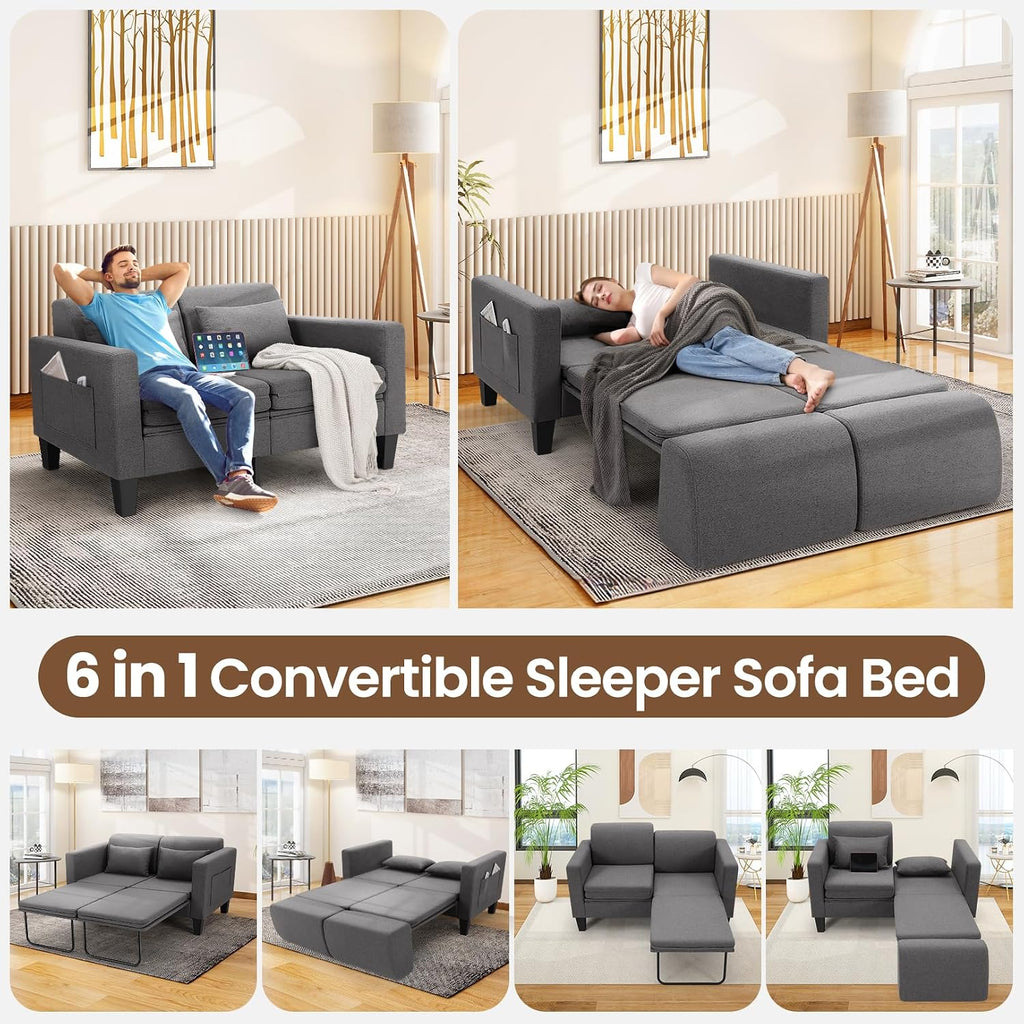 SEJOV 6-in-1 Convertible Sofa Bed, 58' Loveseat Sleeper Sofas with Pull Out Couch Bed, Removable Backrest, Storage Pockets and 2 Pillows, Modern Folding Linen Futon Couch for Small Spaces, Gray