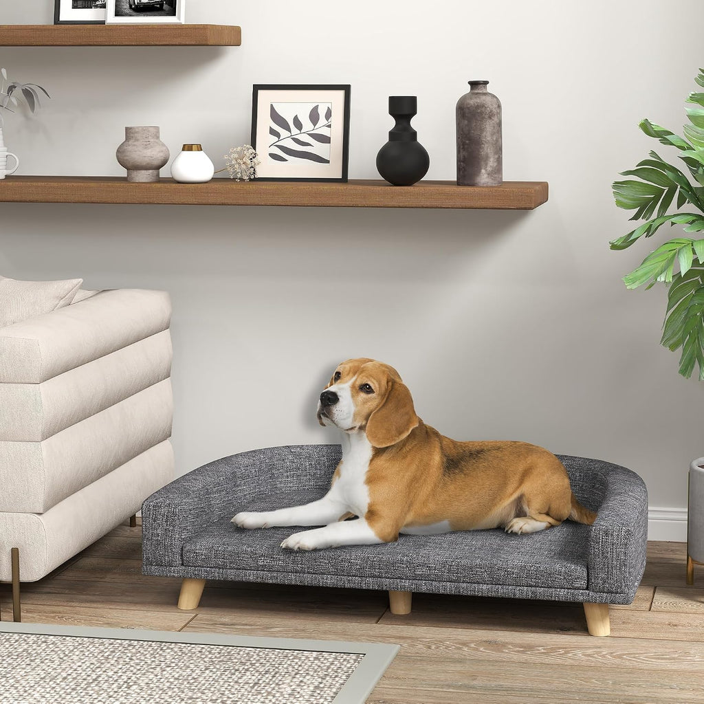 PawHut Dog Sofa Couch, Pet Bed with Comfortable Luxury Cushion, Washable Cover, Wooden Legs, Anti-Slip Mat for Large Dogs, Cats, Kittens, Dark Gray