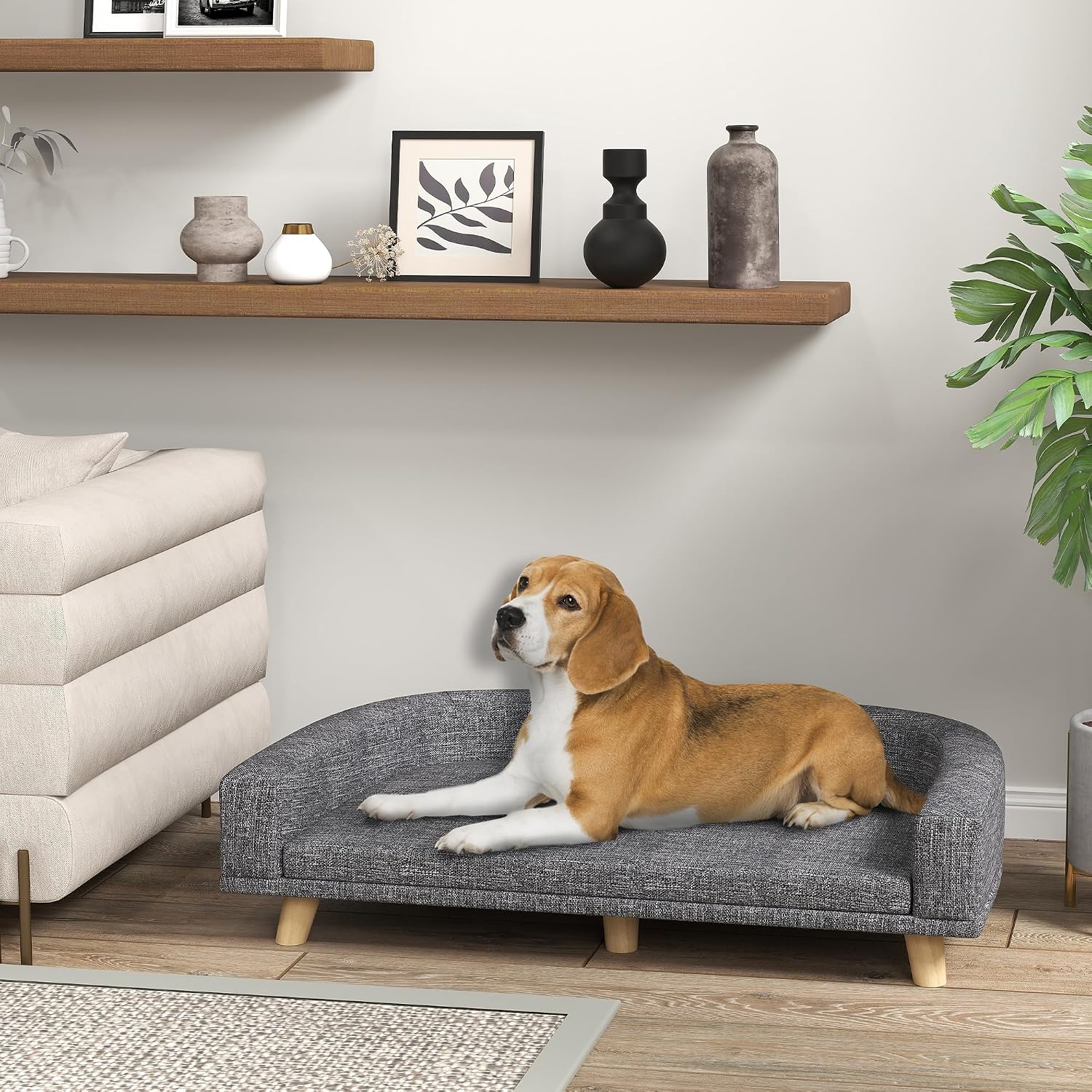 PawHut Dog Sofa Couch, Pet Bed with Comfortable Luxury Cushion, Washable Cover, Wooden Legs, Anti-Slip Mat for Large Dogs, Cats, Kittens, Dark Gray