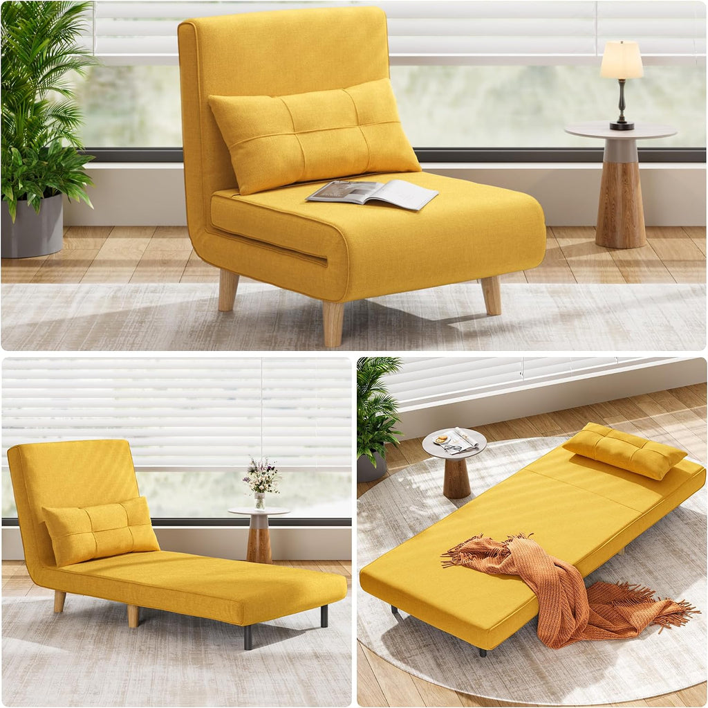 Aiho Futon Sofa Bed, 3-in-1 Convertible Sleeper Chair Bed, Futon Chair with 6-Level Adjustable Backrest and Pillow for Apartment Dorm, Office, Linen Yellow