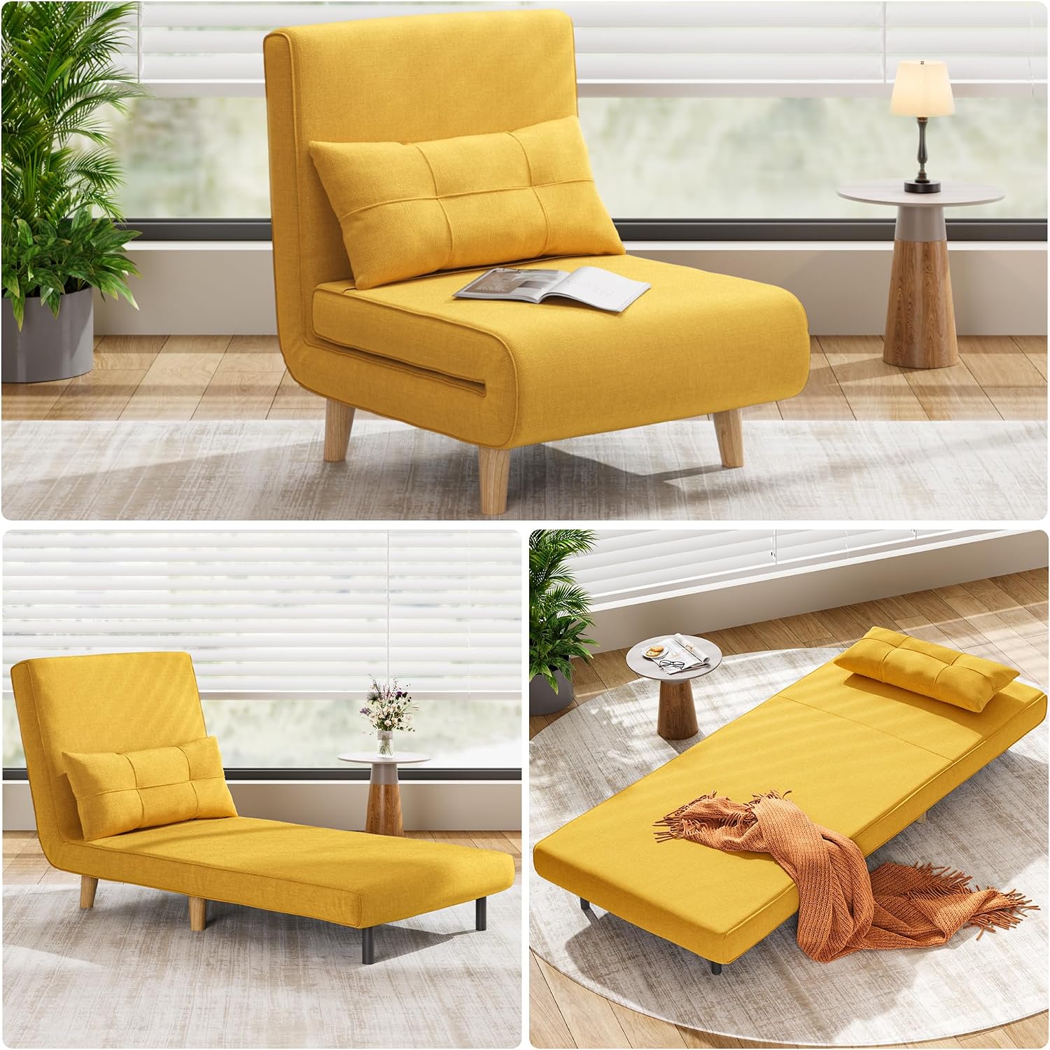 Aiho Futon Sofa Bed, 3-in-1 Convertible Sleeper Chair Bed, Futon Chair with 6-Level Adjustable Backrest and Pillow for Apartment Dorm, Office, Linen Yellow