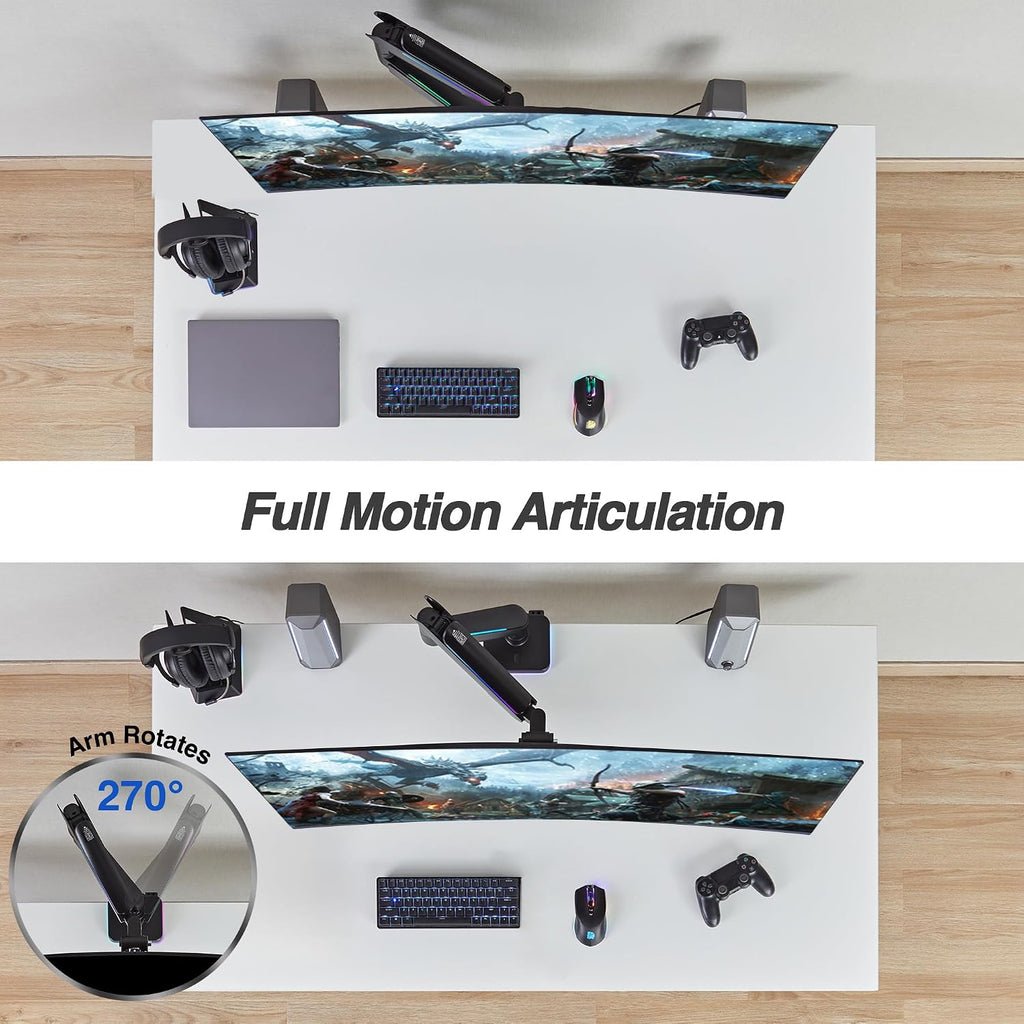 AVLT RGB Lights Single 17'-49' Gaming Monitor Arm Desk Mount, Fits One Flat/Curved/Ultrawide Screen up to 44lbs(20kg), Height Swivel Tilt Adjustable Stand - Black
