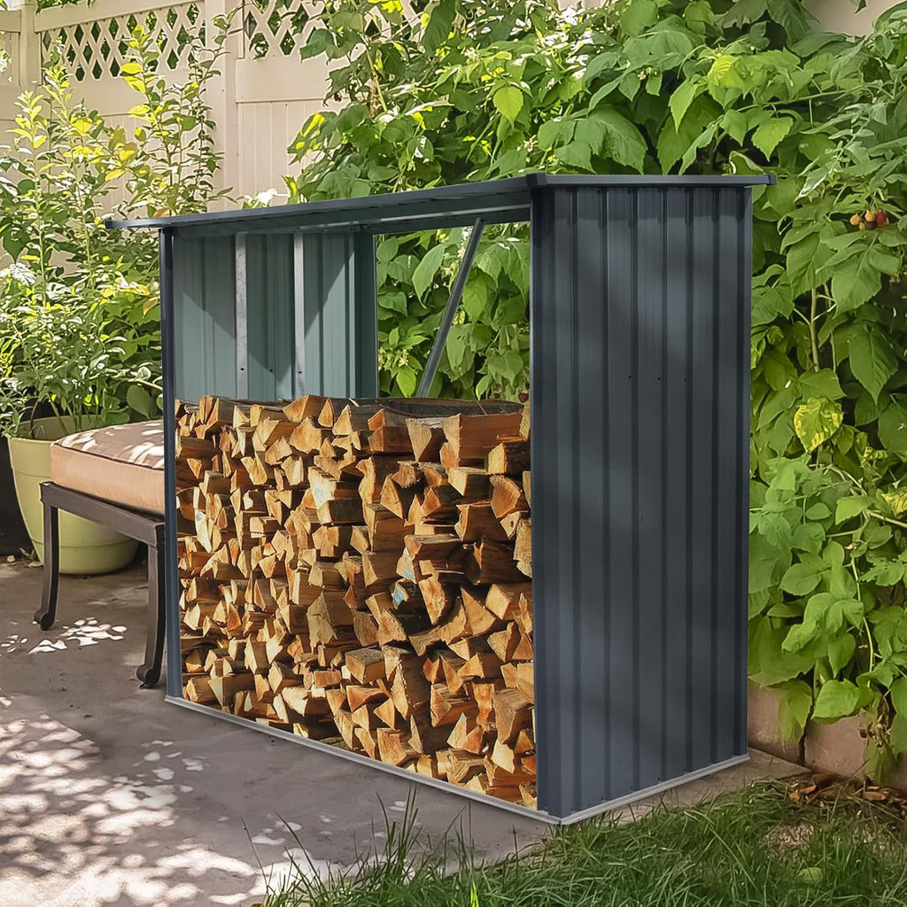 Ball & Cast 85.5' Outdoor Steel Firewood Rack Metal Storage Shed with Middle Stiffener and Reinforced Base,Multi-Functional Waterproof Cabinet W/Roof,for Equipment Machines,Black