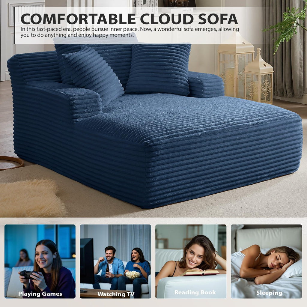 67 Inch Chaise Lounge Chair Indoor, Oversized Corduroy Upholstered Boneless Sofa Bed, Deep Seat Sleeper Couch Reading Chairs, Cloud Sofas Couches for Living Room, No Assembly Required (Blue)