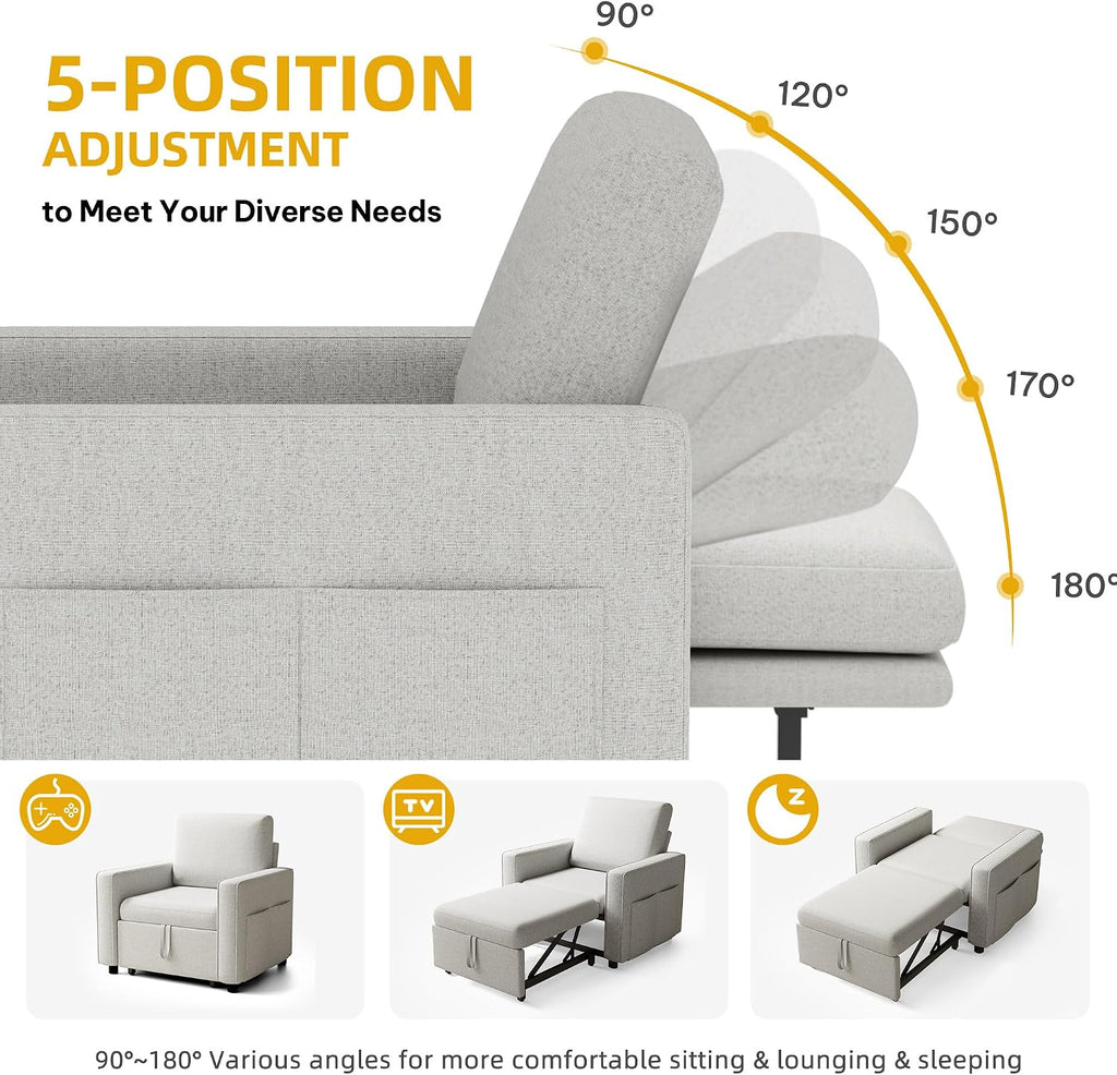YITAHOME Convertible Sofa Chair Bed, 3-in-1 Linen Fabric Sleeper with Pull-Out Bed, Reclining Backrest & Wide Armrest, Beige