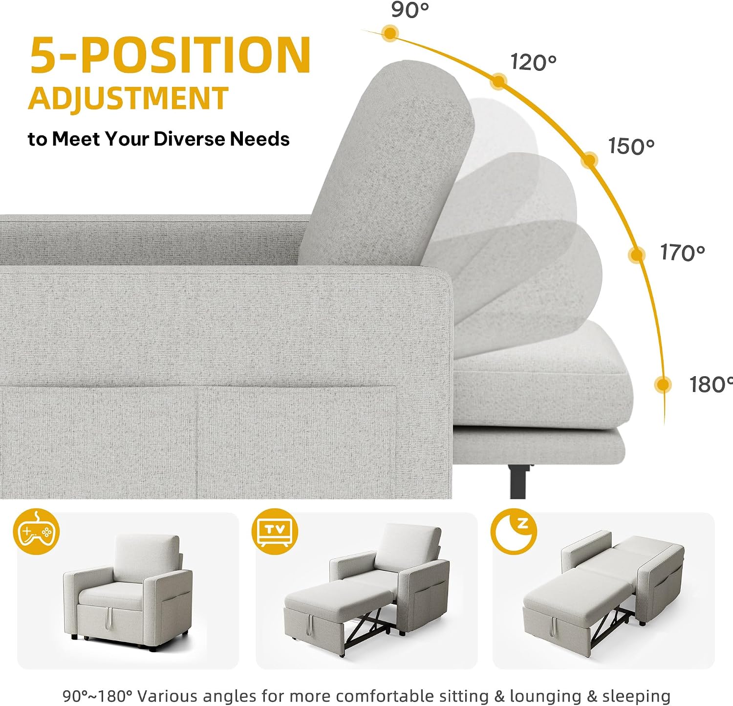 YITAHOME Convertible Sofa Chair Bed, 3-in-1 Linen Fabric Sleeper with Pull-Out Bed, Reclining Backrest & Wide Armrest, Beige