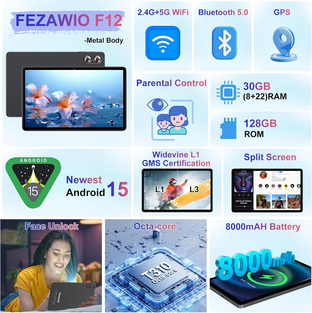 Android 15 Tablet 30GB+128GB+1TB Expand, 2026 10.1 Inch Octa-Core 8000mAh Electronics Tablets with Keyboard Mouse, Gemini AI, 5G WiFi, 1280x800 IPS Touchscreen, GPS, BT5.0, Widevine L1 -Metal Black