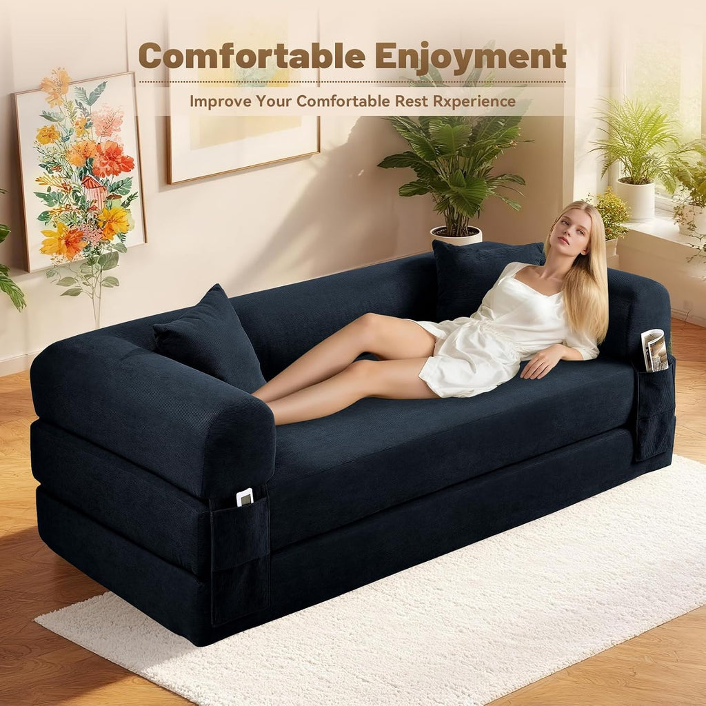 Convertible Sofa Bed Couch,80 Inch Boneless Couches for Living Room,Folding Sleeper Sofa Bed Queen with Storage,Corduroy Flod Out Couch Compressed Couch in a Box,Deep Blue