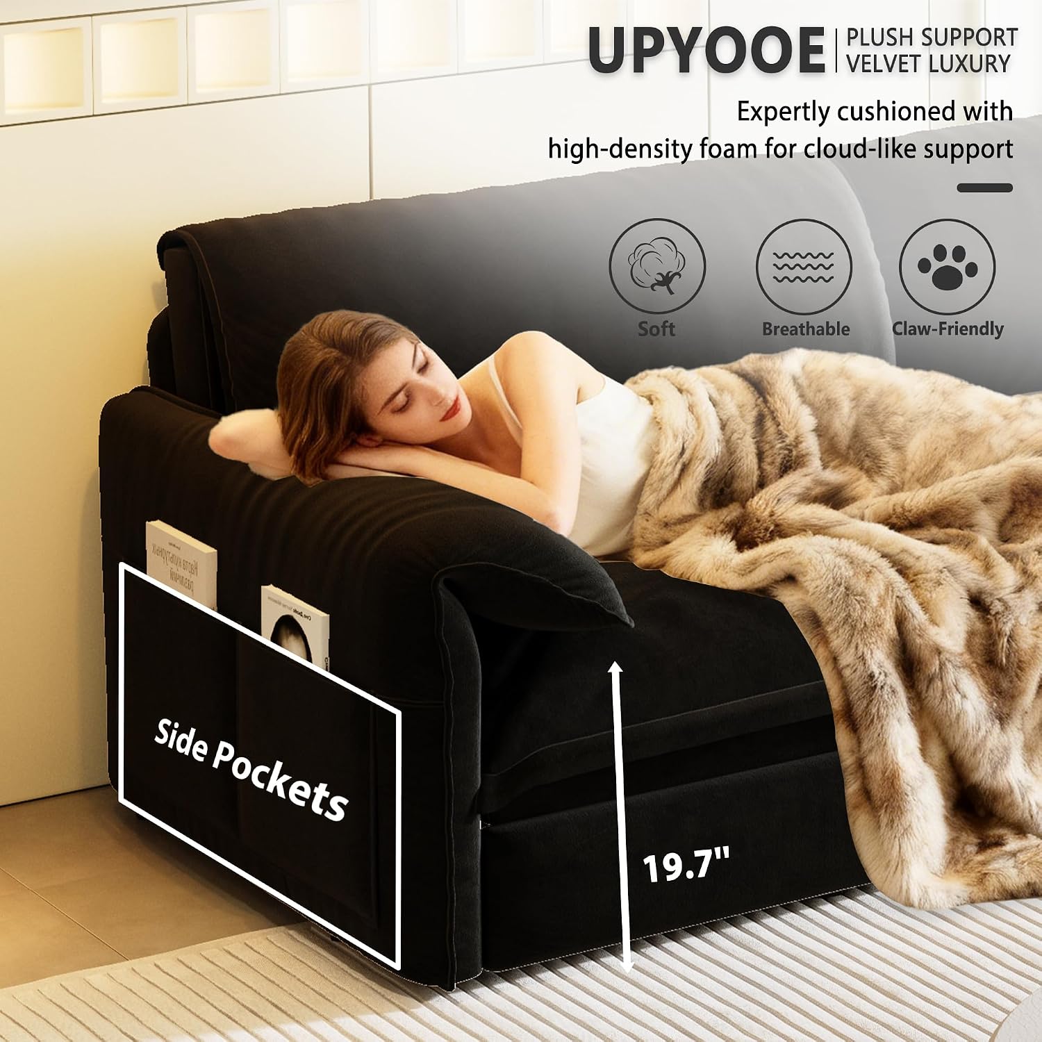 63.8' Sofa Bed Queen Size, Pull Out Couch Bed, 3-in-1 Convertible Sleeper Sofa with Side Pocket, Modern Velvet Futon Couch for Living Room, Small Space, Apartment, Bedroom, Black