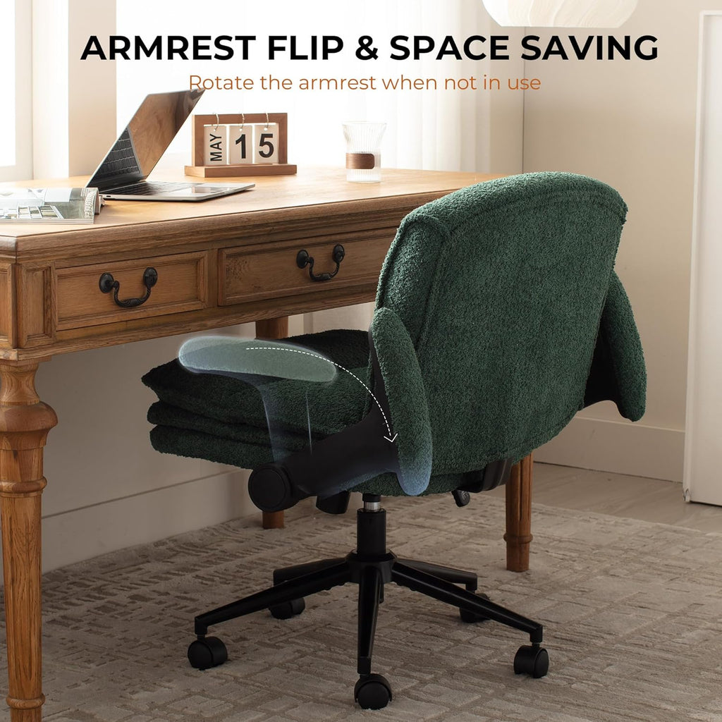 Dowinx Criss Cross Chair with Adjustable Flip-up Arms and Wheels, Comfort Ergonomic Office Desk Armchair with 3 Layer Cushions, Wide Seat Vanity Chair for Home Office, Living Room, Bedroom, Green