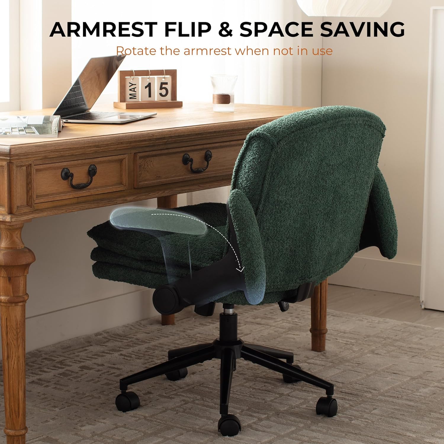 Dowinx Criss Cross Chair with Adjustable Flip-up Arms and Wheels, Comfort Ergonomic Office Desk Armchair with 3 Layer Cushions, Wide Seat Vanity Chair for Home Office, Living Room, Bedroom, Green