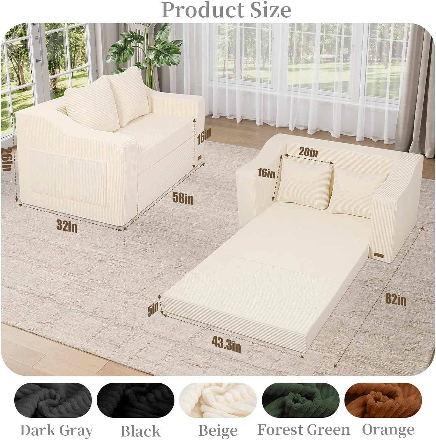 MeMoreCool Convertible Sofa Bed, Pull Out Loveseat Sofa Sleeper Couch for Bedroom Living Room Lounge, 2 in 1 Small Couch Bed with Pillow, Foldable Love Seat Futon Corduroy Beige