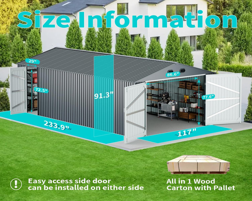 20 x 10 FT Outdoor Storage Shed, Large Metal Garden Shed with 2 Lockable Doors, Tool Shed Outdoor Storage with 4 Air Vents, Garage Shed Waterproof for Car, Truck, Bike, Garbage Can, Tool, Dark Gray