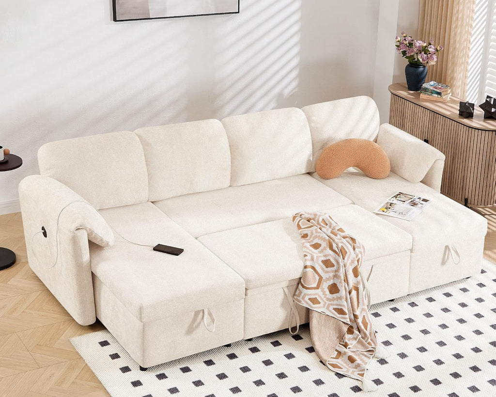 Tbfit 109'' Pull Out Sofa, Sleeper Sofa Bed with USB & 2 Storage Chaises, Comfy Oersized U Shaped Convertible Sectional Sleeper Couches for Living Room, Apartment, Office, White Sherpa
