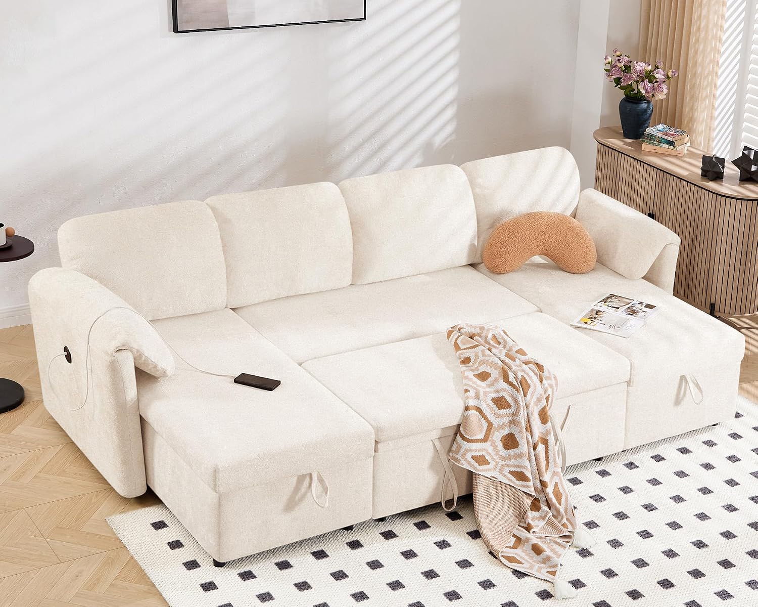 Tbfit 109'' Pull Out Sofa, Sleeper Sofa Bed with USB & 2 Storage Chaises, Comfy Oersized U Shaped Convertible Sectional Sleeper Couches for Living Room, Apartment, Office, White Sherpa