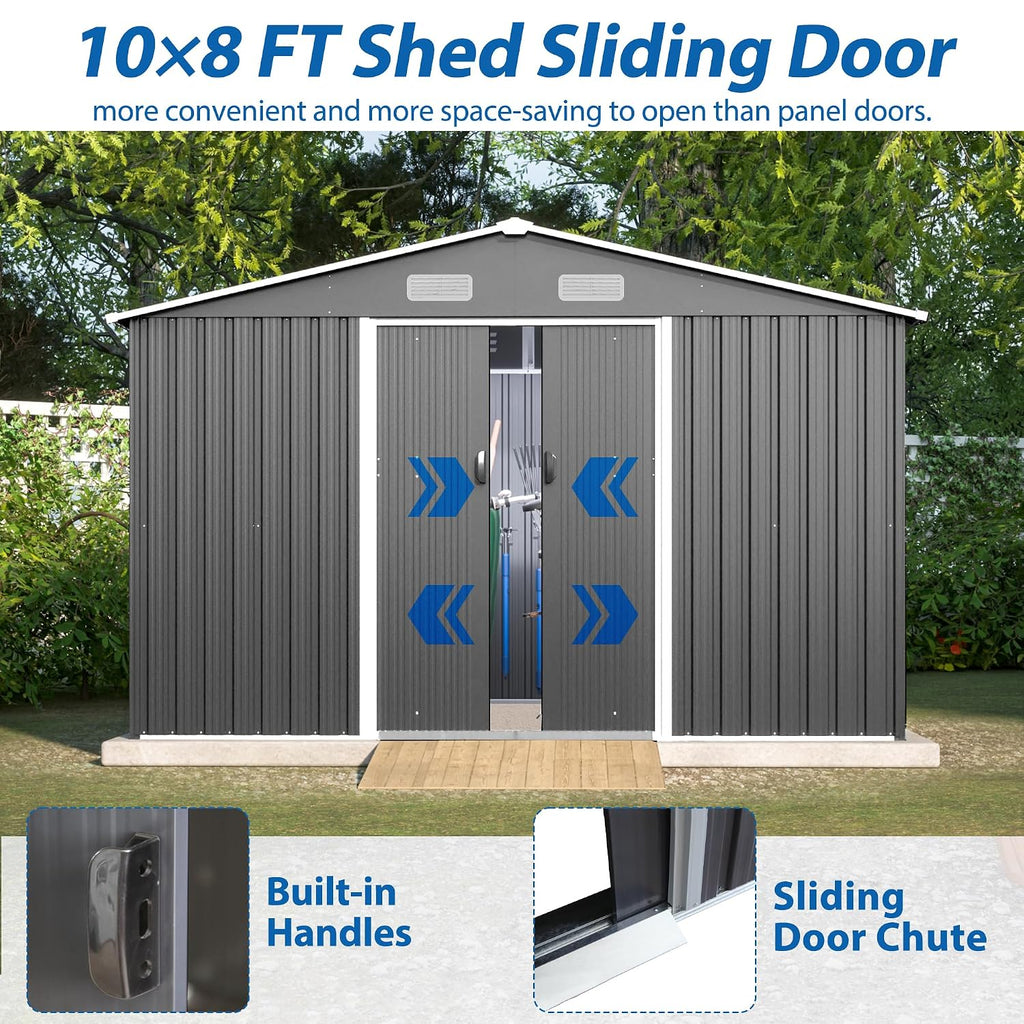 Jintop 10X8 FT Outdoor Storage Shed,Waterproof Garden Shed with Sliding Doors,All Weather Metal Heavy-Duty Tool Shed W/Vents, Foldable House for Garden Backyard, Lawn,Light Gray