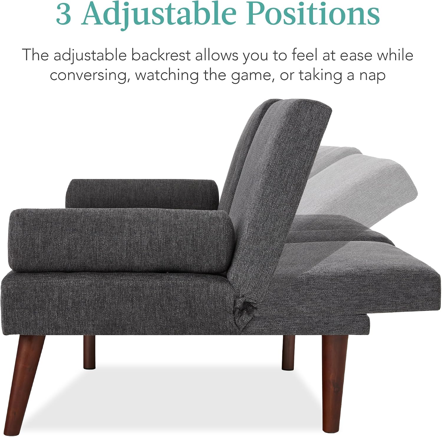 Best Choice Products Mid-Century Modern Upholstered Futon, Convertible Folding Sofa Bed, Small Couch w/Rounded Armrests, 2 Cupholders - Charcoal