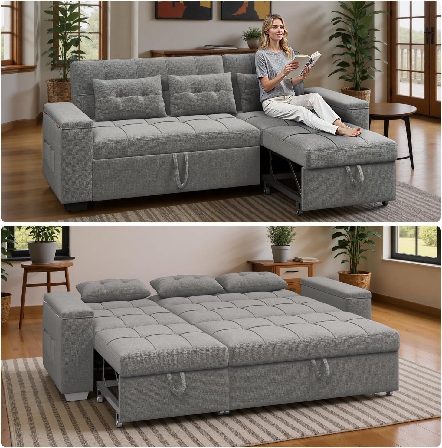Ahomly 87' Convertible Sofa Bed – Space-Saving Sleeper with Pull-Out Design, Adjustable Backrest, Wide Armrests with Storage, Plush Cushions, Cozy for Small Spaces (Light Grey)