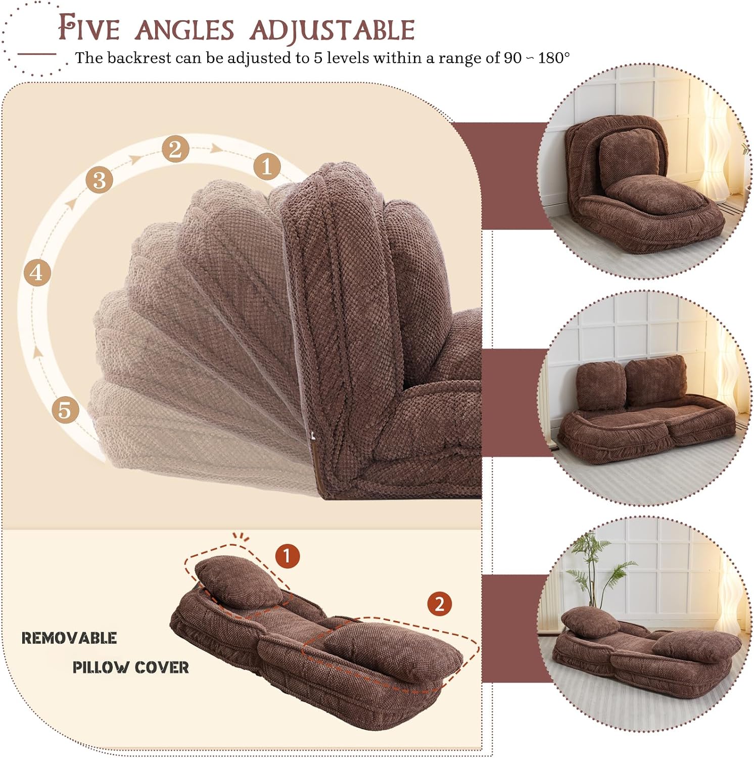 Upholstered Human Dog Bed for Adult & Pets, Convertible Lazy Sofa Bed with 5 Adjustable Position, Comfy Tatami Bean Bag Lounge Chair with 2 Soft Pillows for Bedroom Living Room Office (Brown)