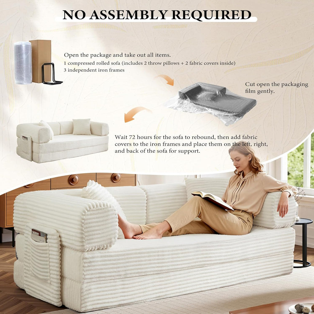 AUGOP Boneless Couch Folding Couches for Living Room Sofa, Futon Sofa Bed with Sleeper Sofa, Futon Couch with Fixed-Shape Oversized Corduroy Upholstered (White, 81 Inches)