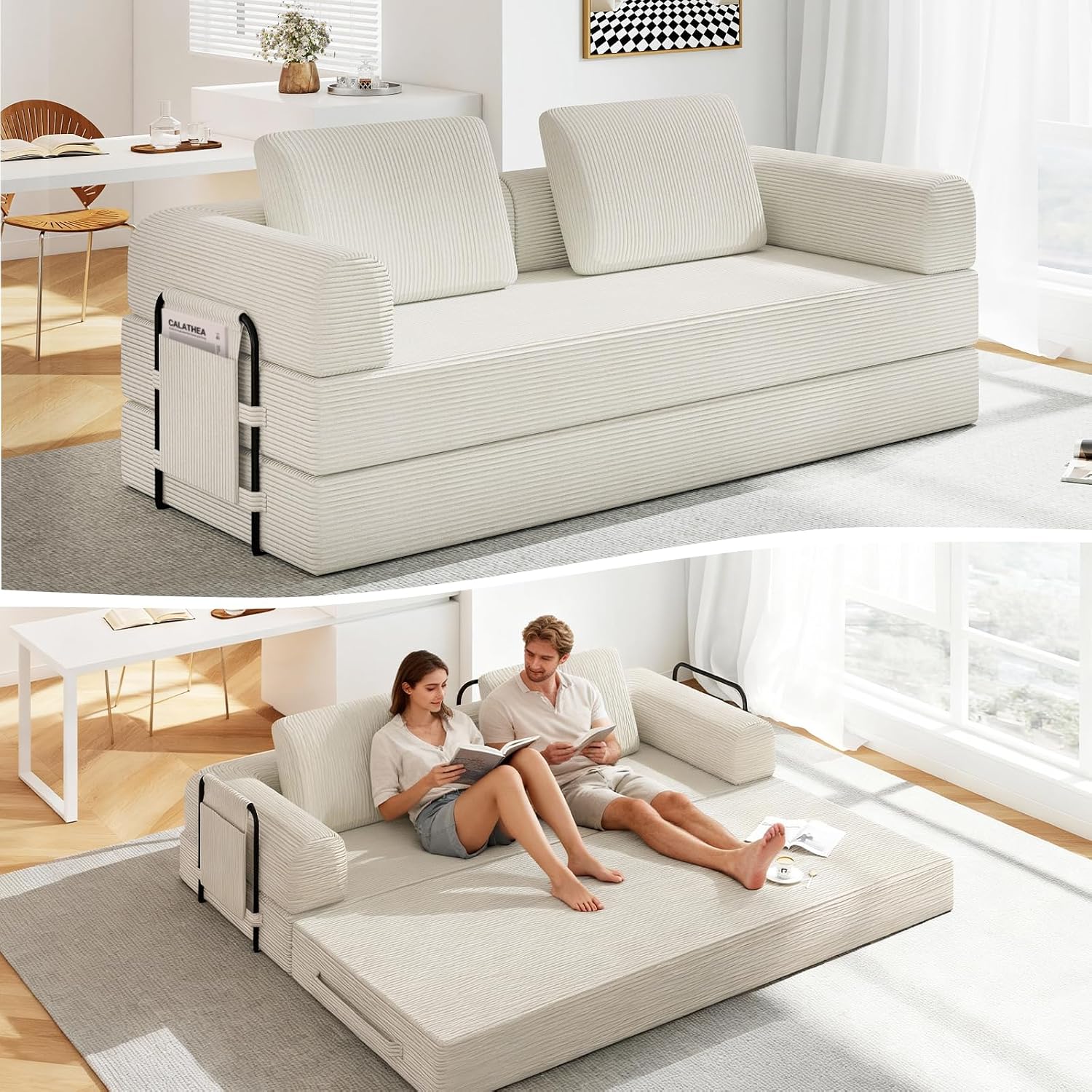 78'' Sleeper Couch Bed for Living Room, Convertible Modular Sofa with Fixed Frame and Side Pocket, Corduroy Futon Boneless Couches in a Box, No Assembly, Beige