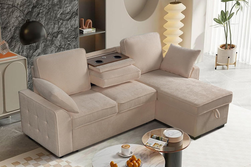 Ball & Cast L-Shape Reversible Sectional Sleeper Sofa Bed 4 in 1 Pull Out Couch with Storage Chaise,Cup Holders & USB Ports,Convertible Sleeper Corner Couch Pull-Out Sofa Bed for Living Room,Office