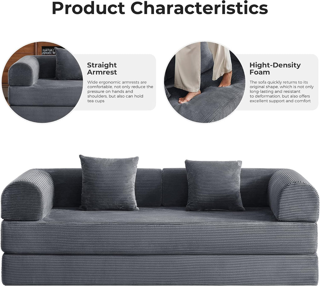 79' 5-in-1 Convertible Sleeper Sofa, No Assembly Fixed Frame Corduroy Couch, High-Density Foam Fold Out Bed for Small Spaces, Living Room, Dorm (Dark Gray)