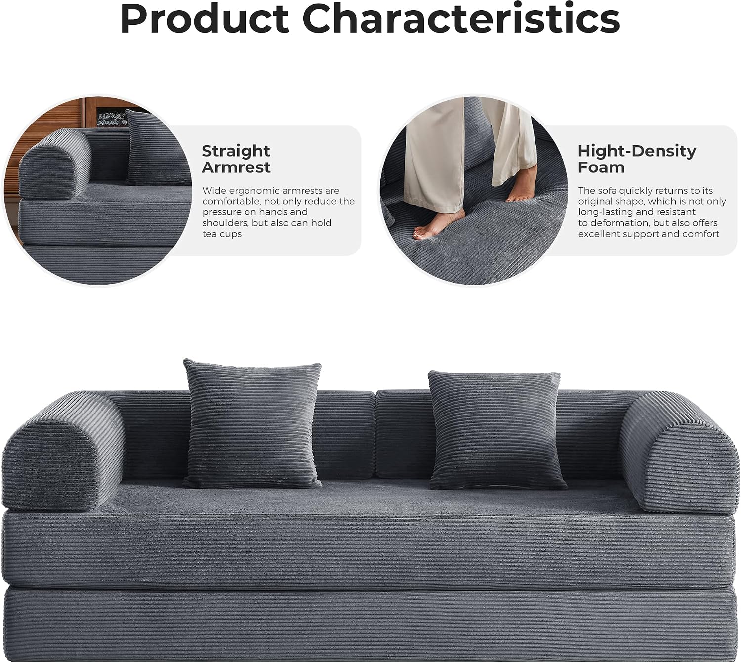 79' 5-in-1 Convertible Sleeper Sofa, No Assembly Fixed Frame Corduroy Couch, High-Density Foam Fold Out Bed for Small Spaces, Living Room, Dorm (Dark Gray)
