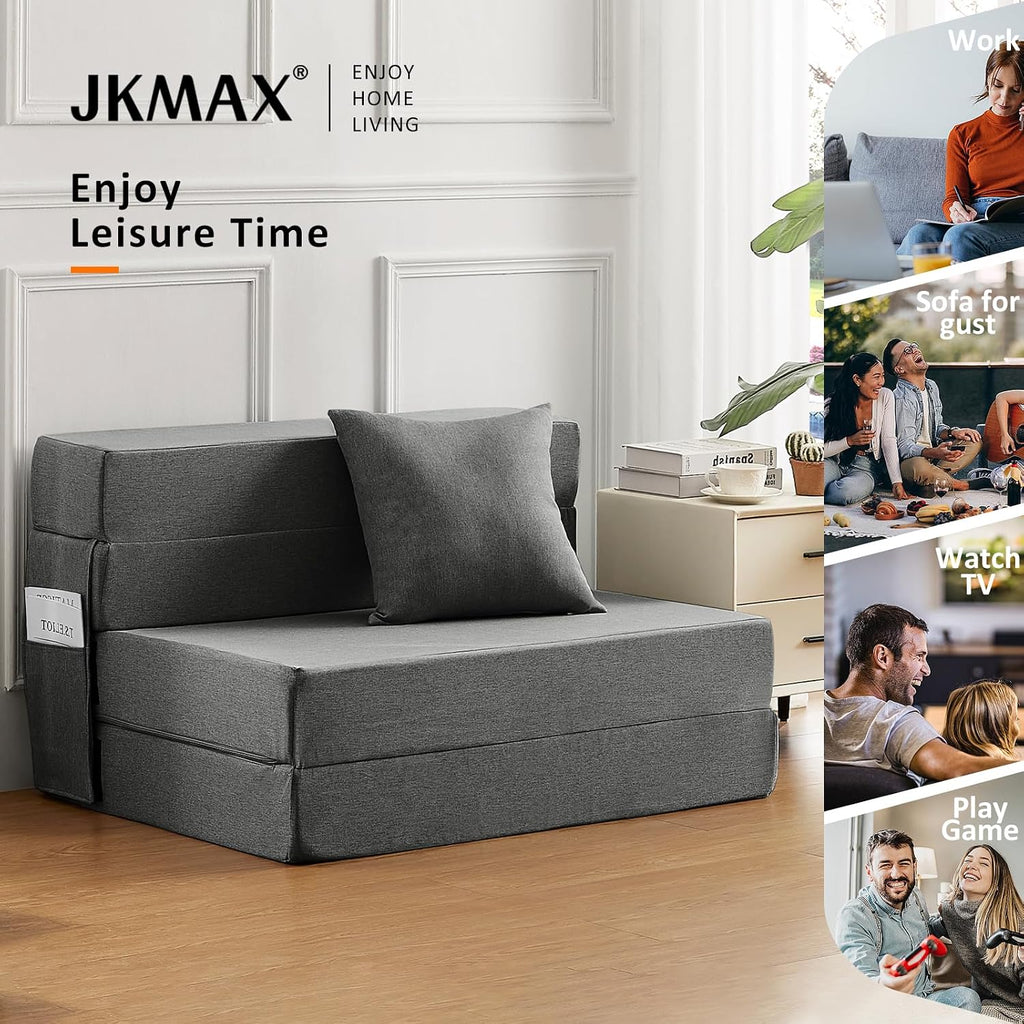 JKMAX Queen Size Folding Sofa Bed - 4 in 1 Sleeper Chair with Two Pillows - High Density Memory Foam Futon Couch - Convertible Folding Bed with Washable Modern Linen Cover for Apartment (Dark Grey)