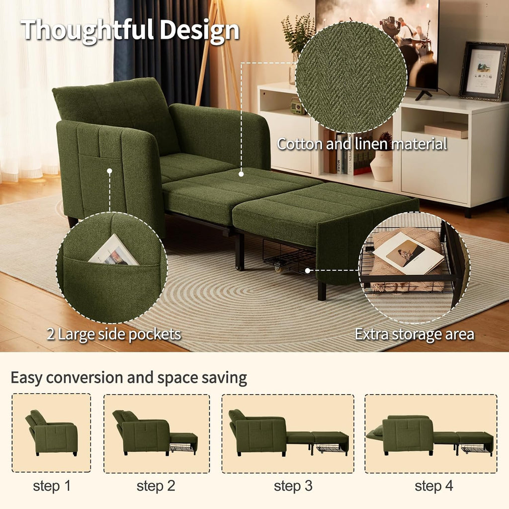 ZZW Sleeper Chair 84' Extra Long Convertible Chair Bed Upgraded 3-in-1 to 4-in-1 Pull Out Chair & Single Sofa Bed for Adult Sleeping Chair for Living Room Small Space (Modern Green)