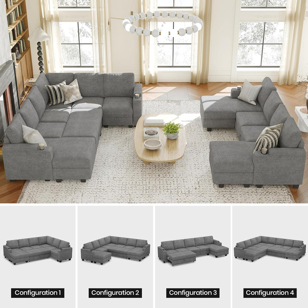Belffin Sleeper Sofa Modular Sectional Pull Out Couch Bed U Shaped Sofa Couch for Living Room with Storage Chaise. Light Gery